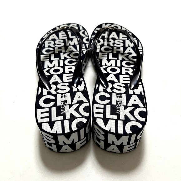 NWOB MICHAEL KORS Graphic Flip-Flop Wedge Sandals Slide On Thong Navy - Picture 6 of 9
